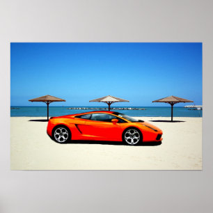 Poster Orange de voiture de muscle sur la plage
