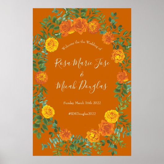 Poster Orange et rouille Chute Peony & Rose Floral Mariag (Devant)