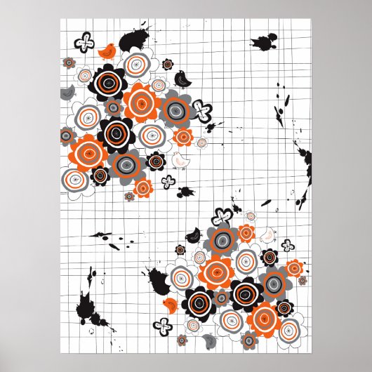 Poster Orange Fleurs Chicks Grunge Ink Blots Doodles Kid (Devant)