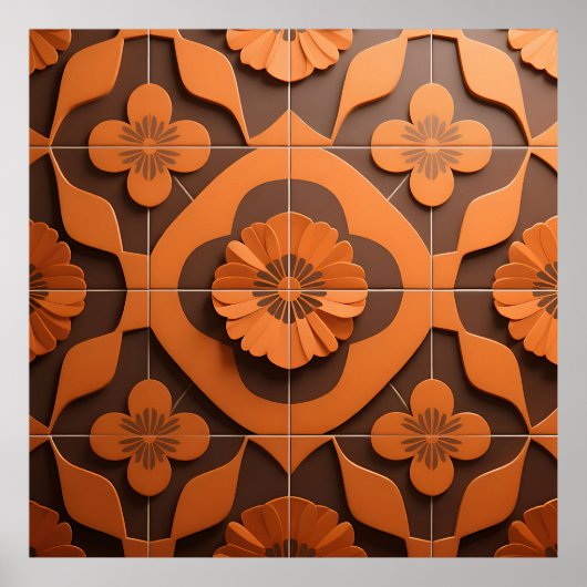 Poster Orange Floral Medallion Geometric Tile Pattern (Devant)