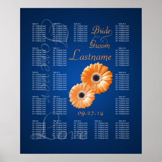 Poster Orange Gerbera Daisy Mariage Seing Chart (Devant)