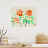 Poster Orange Hibiscus Aquarelle Peinture Beige Washi (Cuisine)