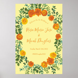 Poster Orange & Jaune clair Peony & Rose Floral Mariage