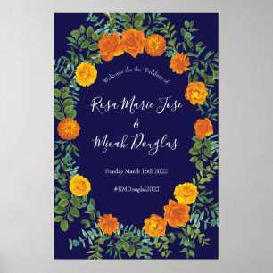 Poster Orange & Marine Blue Peony & Rose Floral Mariage