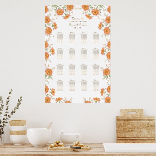 Poster Orange Rose Wedding Seating Chart (Cuisine)