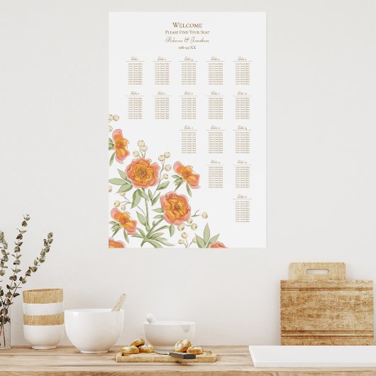 Poster Orange Rose Wedding Seating Chart (Cuisine)