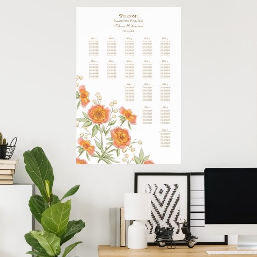 Poster Orange Rose Wedding Seating Chart (Bureau à domicile)
