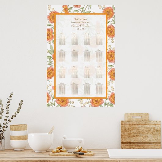 Poster Orange Rose Wedding Seating Chart (Cuisine)