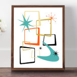 Poster Orange Turquoise Atomique Etoiles Boomerang Moyen-<br><div class="desc">Ajoutez cette bouffée d'amusement et de couleur à votre mur avec cette affiche moderne de l'ère atomique du milieu du siècle ! Ce design présente des carrés abstraits,  des starbursts et un boomerang aux couleurs bleu turquoise,  orange,  crème,  or et noir... si funky !</div>