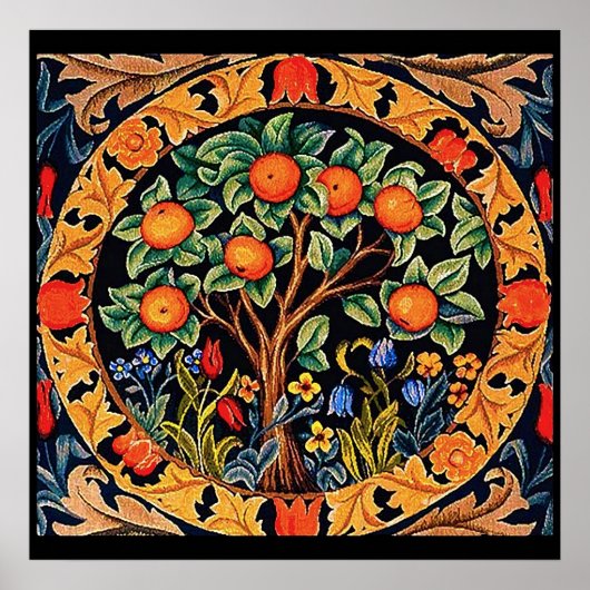 POSTER ORANGER AUX FEUILLES VERTES, FLEURS (Devant)