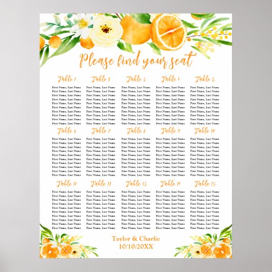 Poster Oranges Citrus Wedding 15 Tables Seating Chart (Devant)