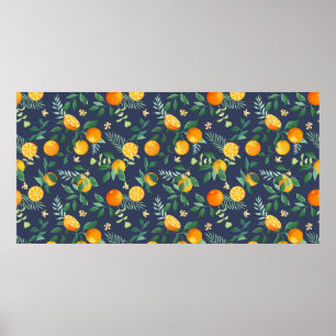 Poster Oranges de fruits aux feuilles tropicaux et fleurs