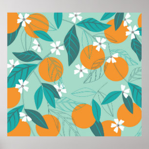 Poster Oranges en fleurs, feuille, art vintage.