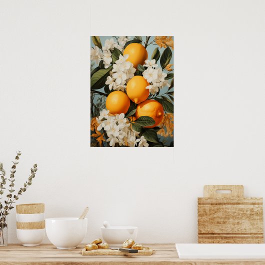 Poster Oranges et fleurs Verdure (Cuisine)