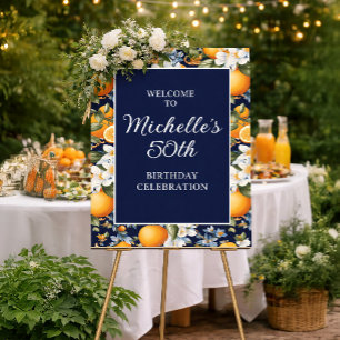 Poster Oranges Fleurs Blanches Bleu Marine Anniversaire B