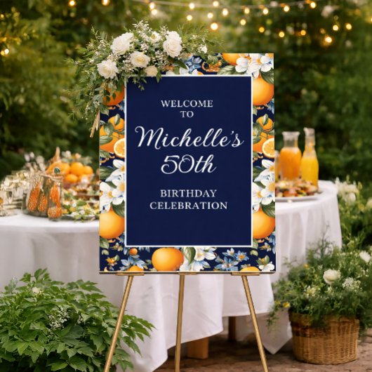 Poster Oranges Fleurs Blanches Bleu Marine Anniversaire B