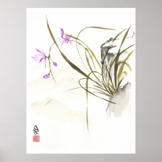 Poster Orchidée au pied du rocher ancien Art au pinceau c