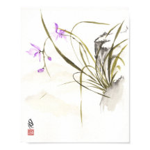 Orchidée au pied du rocher antique Art au pinceau