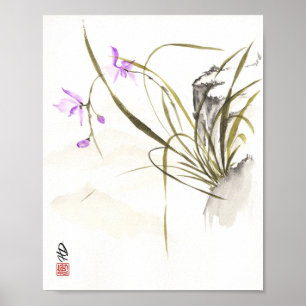 Poster Orchidée au pied du rocher antique Art au pinceau