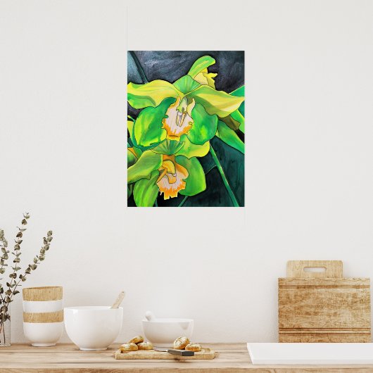 Poster Orchidée fleurs vert et jaune art (Cuisine)
