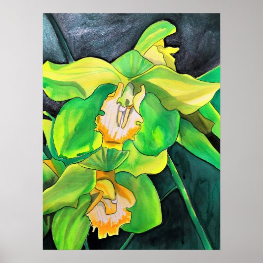 Poster Orchidée fleurs vert et jaune art (Devant)