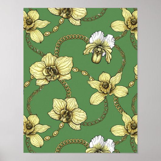 Poster Orchidées et chaînes, jaune et vert kelly (Devant)