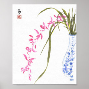 Poster Orchidées roses dans un vase bleu et blanc - Art à