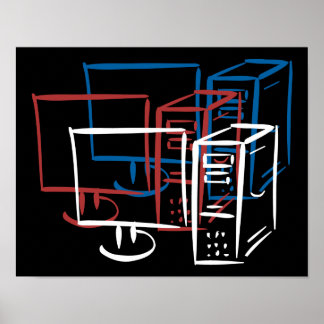 Poster Ordinateurs triple minimalisme rouge blanc bleu