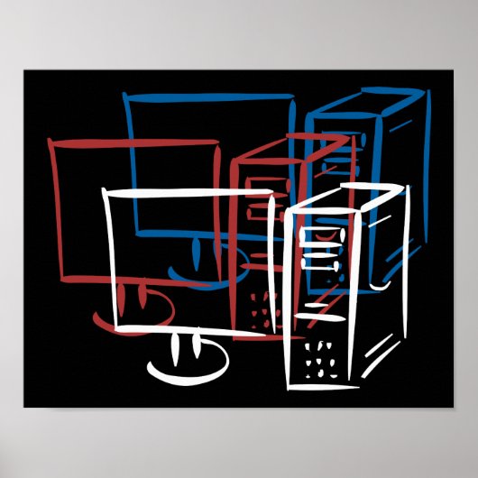 Poster Ordinateurs triple minimalisme rouge blanc bleu (Devant)