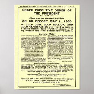 Poster Ordonnance Exécutive 6102 Interdit Or Coin Bullion