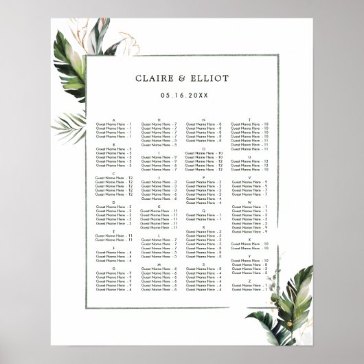 Poster ORDRE ALPHABÉTIQUE Mariage tropical Siège (Devant)