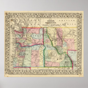 Poster Ore, Lavage, Idaho, Carte du Mont par Mitchell