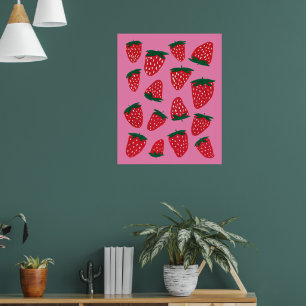 Poster Organic summer strawberries red o pink background