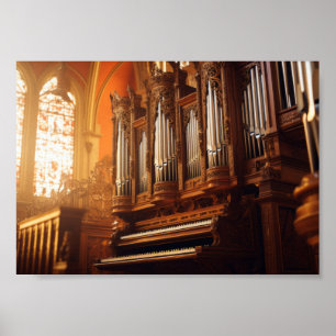 Poster Orgue à tuyaux de cathédrale gothique avec lumière