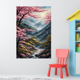 Poster Oriental Cherry Blossoms aquarelle peinture