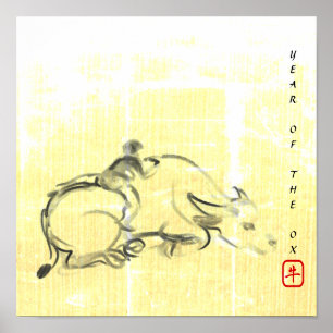 Poster Original painting Water Buffalo Child Ox Year SqP