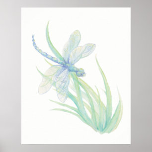 Poster Originale aquarelle Blue Green Dragonfly