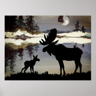 Poster Orignal et bébé forêt de nuit à l'aquarelle