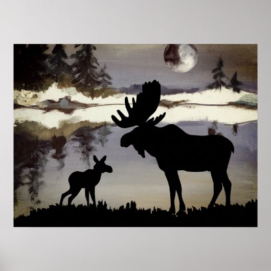 Poster Orignal et bébé forêt de nuit à l'aquarelle (Devant)