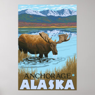 Poster Orignaux buvant au lac - Anchorage, Alaska