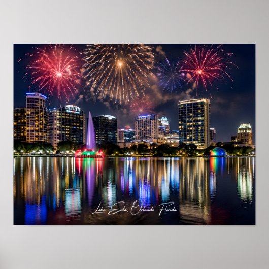 Poster Orlando Florida Skyline with Lake Eola Fireworks (Devant)