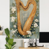 Poster ornamental harp surrounded by white flowers (Bureau à domicile)