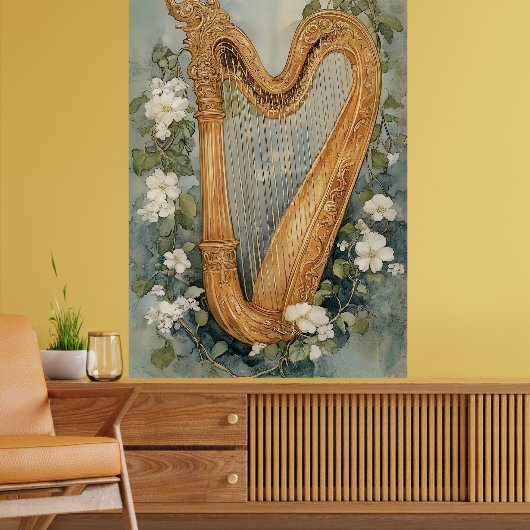 Poster ornamental harp surrounded by white flowers (Salon 2)