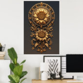 Poster Ornate Gold Frame With Large Metallic Flower Medal (Bureau à domicile)