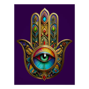 Poster Orné Hamsa Coloré Or Sur Fond Rouge Troisième Œil 