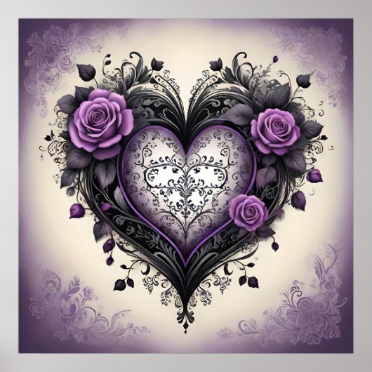 Poster Orné Noir Pourpre Coeur 💜 Gothique Vintage (Devant)