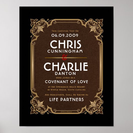 Poster Orné or bordure noir blanc mariage certificat (Devant)