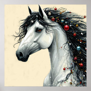 Poster 🎄 Ornement de Noël Cheval Blanc Crinière Art d'hi