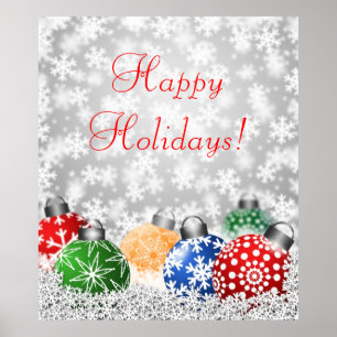 Poster Ornements d'arbre de Noël sur Snowy Arrière - plan