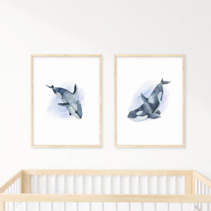 Poster Orque Baleine Tueuse Aquarelle Bleu Blanc